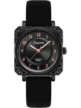 Women's Black Analog Quartz Silicone Band Crystal Square Waterproof Wrist Watch